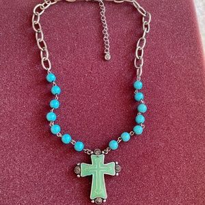 Vintage unisex 13 1/2” length cross with 14 turquoise beads. a lobster closure